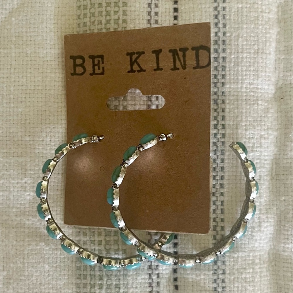Be Kind Silver and Turquoise Hoop Earrings